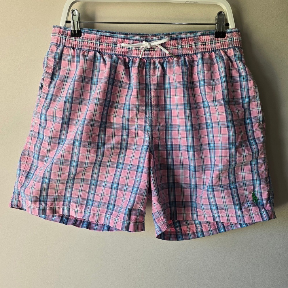 Polo Ralph Lauren Mens Pink Blue Plaid Swim Trunks Mesh Lining Size L Large